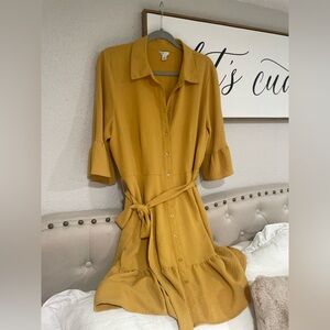 Cato Mustard Button-Up Midi Dress